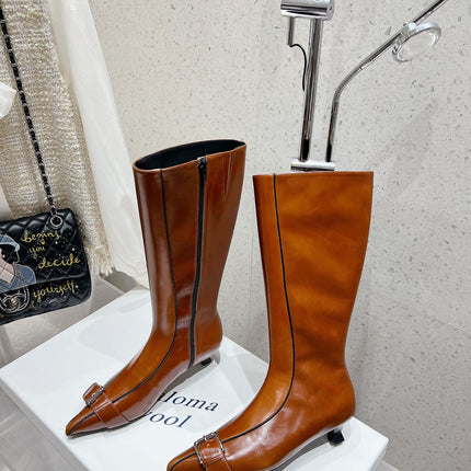 ALO 25S PALOMA WOOL HIGH BOOTS IN BROWN LAMBSKIN WITH METAL BUCKLE DETAIL AT THE TOE