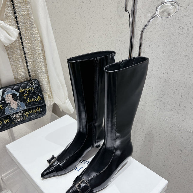 ALO 25S PALOMA WOOL HIGH BOOTS IN BLACK LAMBSKIN WITH METAL BUCKLE DETAIL AT THE TOE