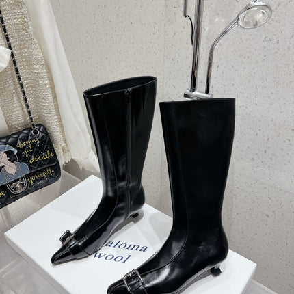 ALO 25S PALOMA WOOL HIGH BOOTS IN BLACK LAMBSKIN WITH METAL BUCKLE DETAIL AT THE TOE