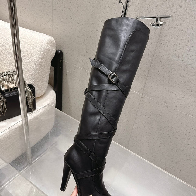 YSL 26S JANIS KNEE-HIGH BOOTS 90 MM IN BLACK SUEDE