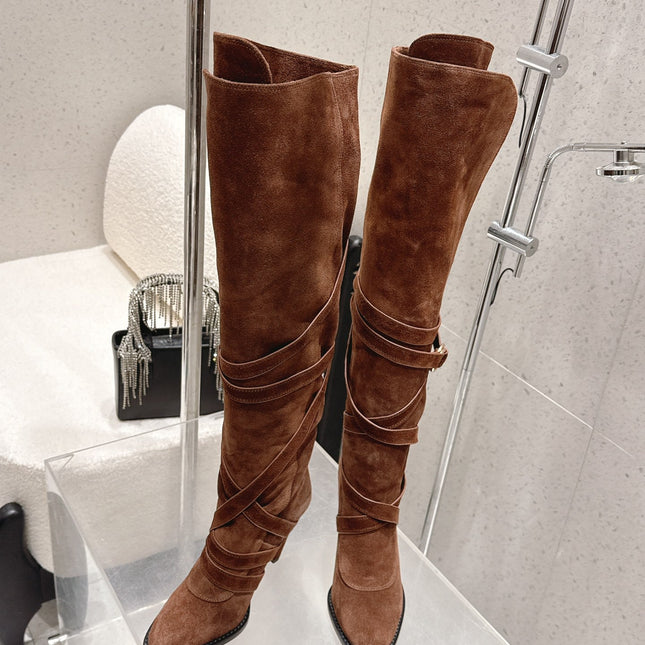 YSL 26S JANIS KNEE-HIGH BOOTS 90 MM IN BROWN SUEDE
