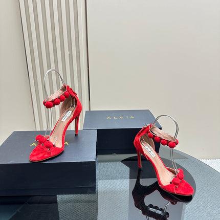 ALAIA HIGH HEEL SANDAL 10 CM IN CHERRY RED SUEDE