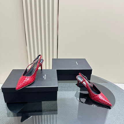 SL TRAPEZE CROCODILE MOTIF SLINGBACK PUMP RED CALFSKIN