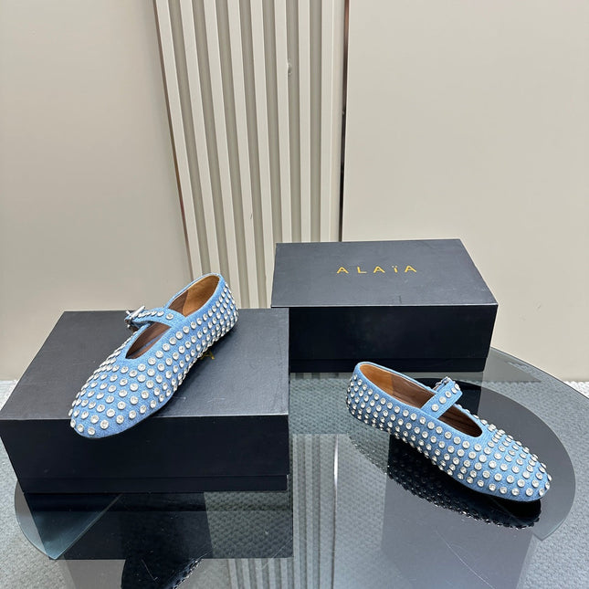 ALAIA CRYSTAL EMBELLISHED BALLET FLATS IN LIGHT BLUE DENIM
