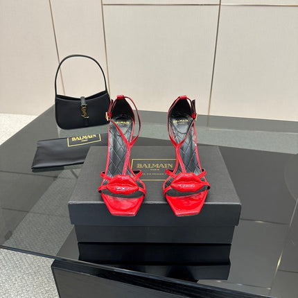 BALMAIN 25S LIPS SANDALS 10 IN CRIMSON RED CALFSKIN