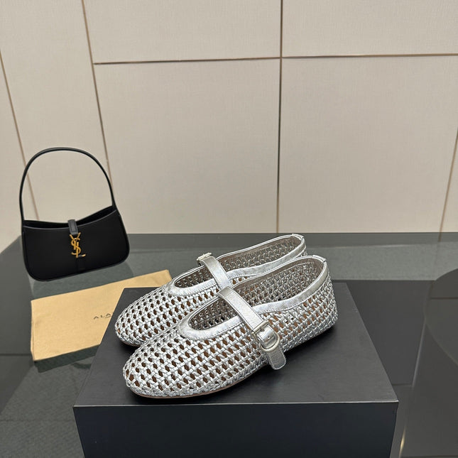 ALAIA MARY JANE FLAT 25S IN SILVER WOVEN MESH