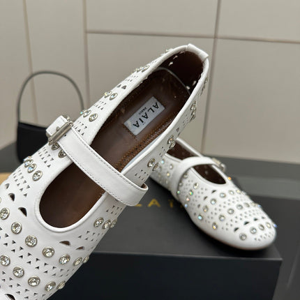 ALAIA BALLET SHOES 25S IN WHITE LAMBSKIN WITH CRYSTAL DETAILING