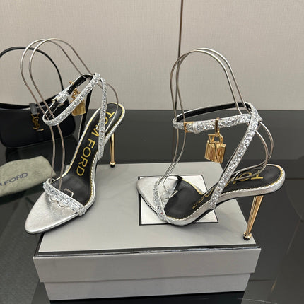 TOM FORD 26S HEELED SANDALS 100 MM IN SILVER CALFSKIN