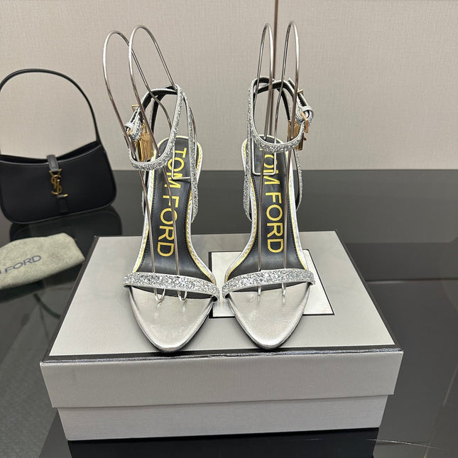TOM FORD 26S HEELED SANDALS 100 MM IN SILVER CALFSKIN