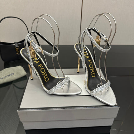 TOM FORD 26S HEELED SANDALS 100 MM IN SILVER CALFSKIN
