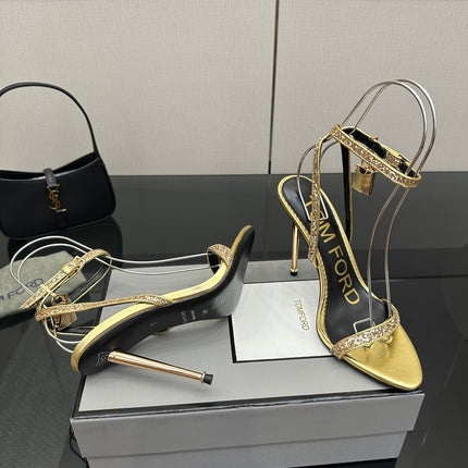 TOM FORD 26S HEELED SANDALS 100 MM IN METALLIC GOLD CALFSKIN