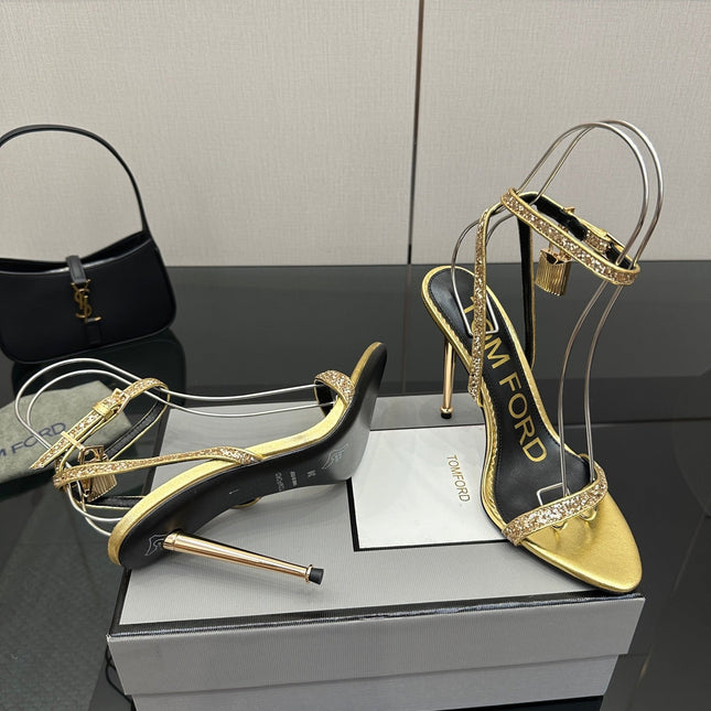 TOM FORD 26S HEELED SANDALS 100 MM IN METALLIC GOLD CALFSKIN
