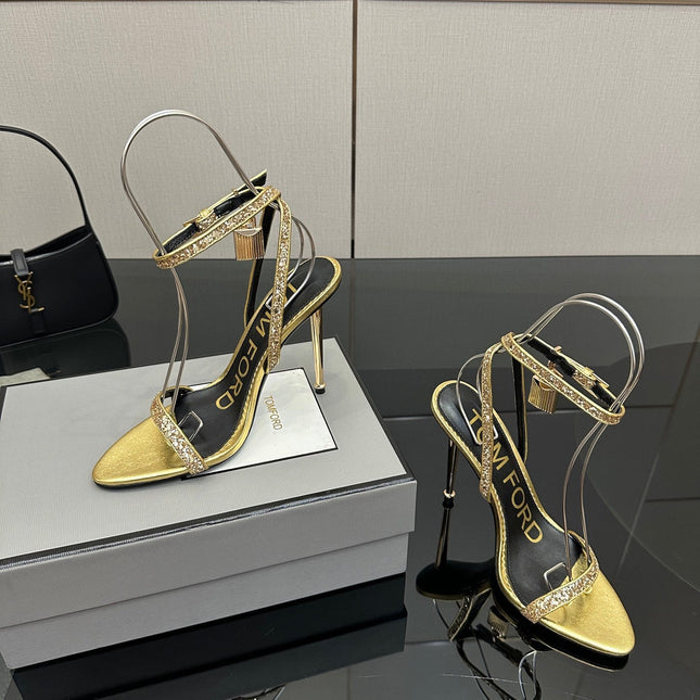 TOM FORD 26S HEELED SANDALS 100 MM IN METALLIC GOLD CALFSKIN