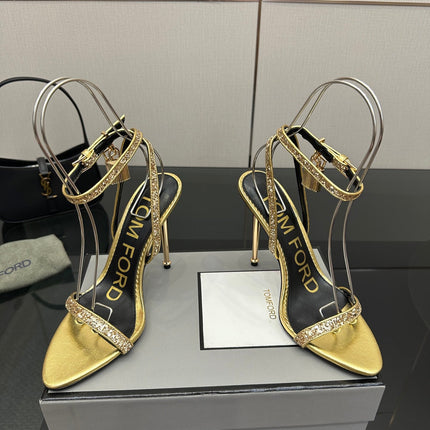 TOM FORD 26S HEELED SANDALS 100 MM IN METALLIC GOLD CALFSKIN