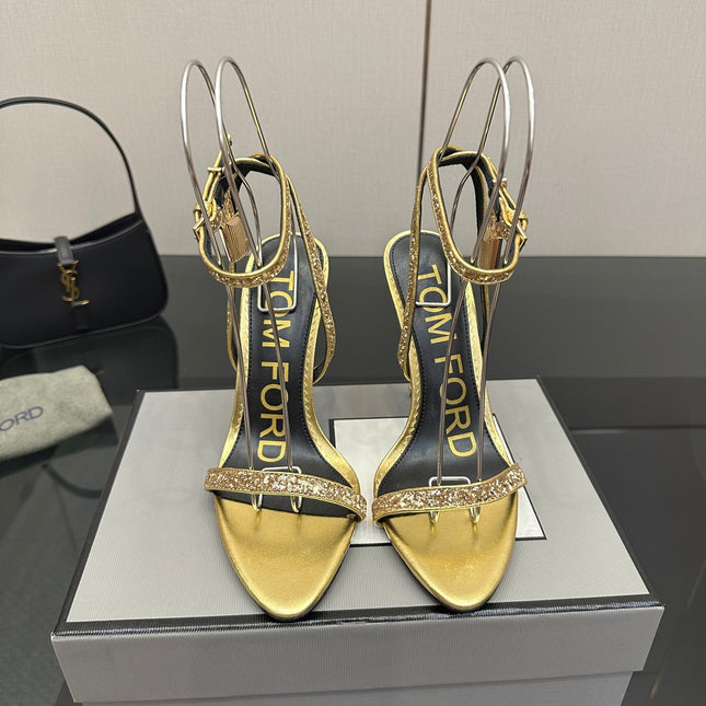 TOM FORD 26S HEELED SANDALS 100 MM IN METALLIC GOLD CALFSKIN