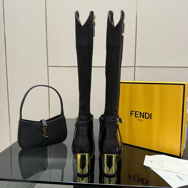 FENDI 25S KNEE-HIGH BOOTS 50 MM IN BLACK CALFSKIN AND FABRIC PRINT LOGO