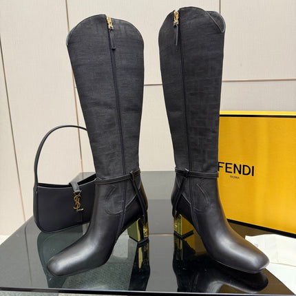 FENDI 25S KNEE-HIGH BOOTS 50 MM IN BLACK CALFSKIN AND FABRIC PRINT LOGO