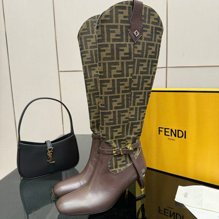 FENDI 25S KNEE-HIGH BOOTS 50 MM IN DARK BROWN CALFSKIN AND FABRIC PRINT LOGO