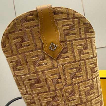 FENDI 25S KNEE-HIGH BOOTS 50 MM IN GOLDEN BROWN CALFSKIN AND FABRIC PRINT LOGO