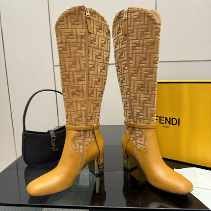 FENDI 25S KNEE-HIGH BOOTS 50 MM IN GOLDEN BROWN CALFSKIN AND FABRIC PRINT LOGO