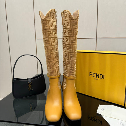 FENDI 25S KNEE-HIGH BOOTS 50 MM IN GOLDEN BROWN CALFSKIN AND FABRIC PRINT LOGO