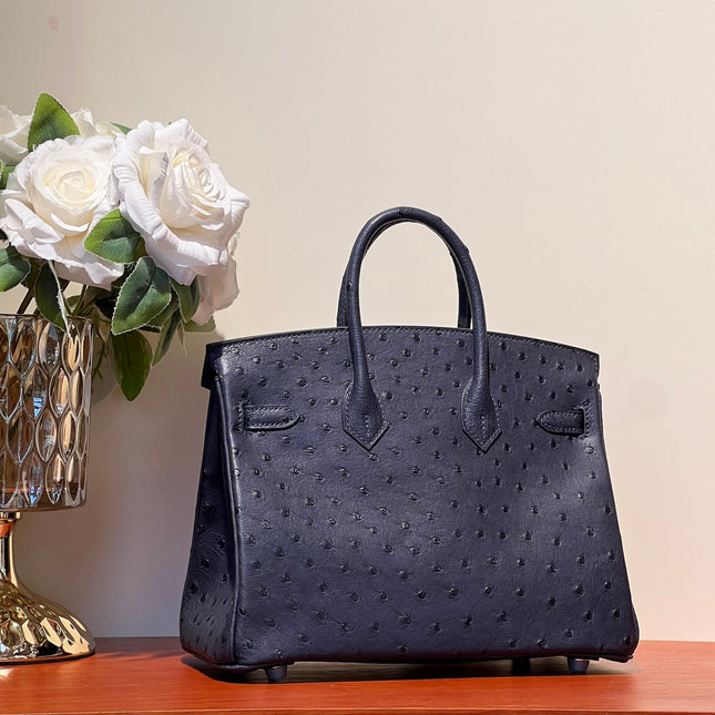 KELLY SELLIER 25 BAG IN SPACE BLUE OSTRICH LEATHER WITH SILVER HARDWARE