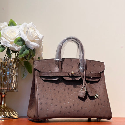 KELLY SELLIER 25 BAG IN PEACAN BROWN OSTRICH LEATHER WITH GOLD RHINSTONES
