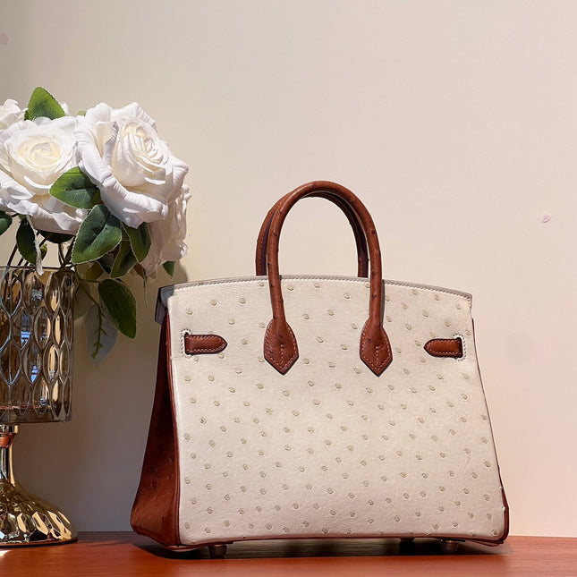 KELLY  SELLIER 25 BAG IN WHITE MIX RED BROWN OSTRICH LEATHER