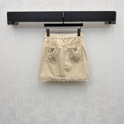 VLTN DENIM VEST SET WITH SLEEVELESS TOP AND LACE-TRIMMED MINI SKIRT