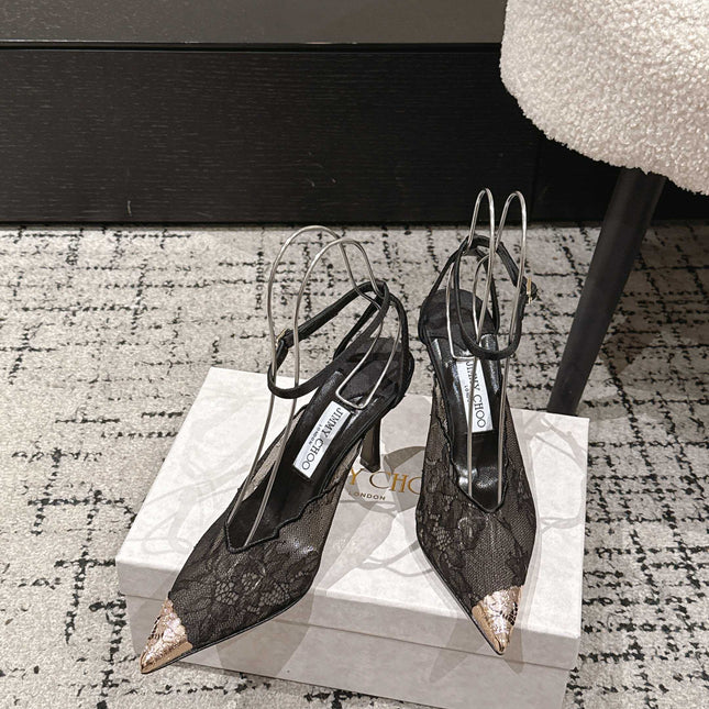 JIMMY CHOO 26S SLINGBACK HEELS 95 MM IN BLACK LACE