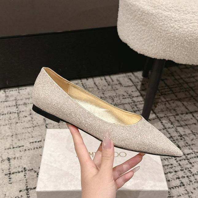 JIMMY CHOO 26S POINTED FLATS IN CHAMPAGNE GOLD GLITTER