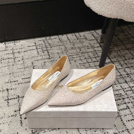 JIMMY CHOO 26S POINTED FLATS IN CHAMPAGNE GOLD GLITTER