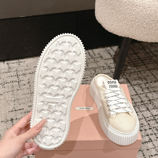MIUMIU 26S SNEAKER MULES 45MM IN LIGHT BEIGE MESH