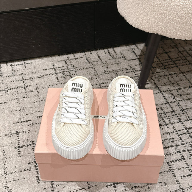 MIUMIU 26S SNEAKER MULES 45MM IN LIGHT BEIGE MESH