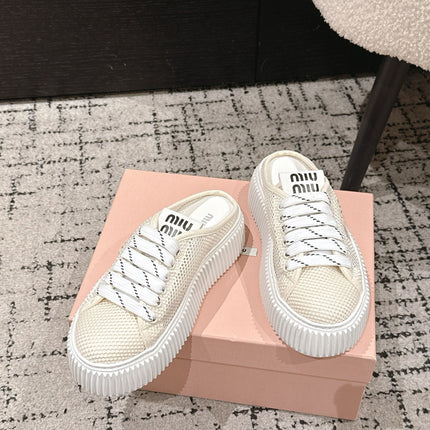 MIUMIU 26S SNEAKER MULES 45MM IN LIGHT BEIGE MESH