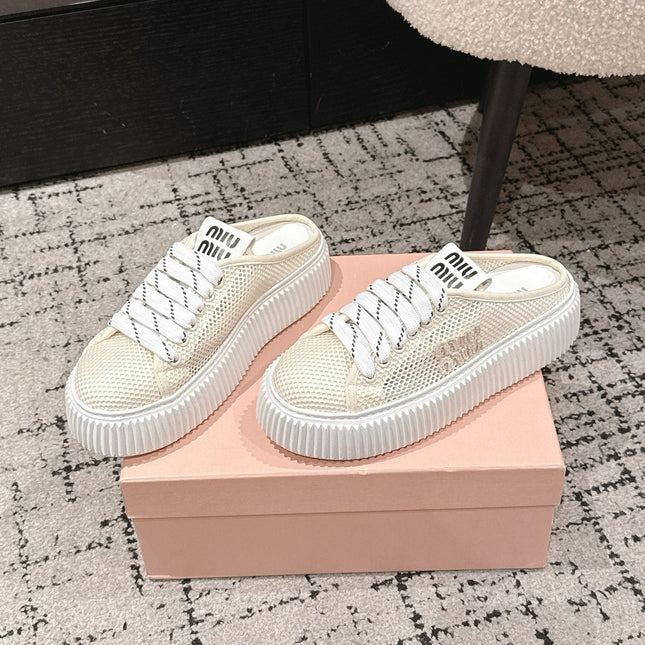 MIUMIU 26S SNEAKER MULES 45MM IN LIGHT BEIGE MESH
