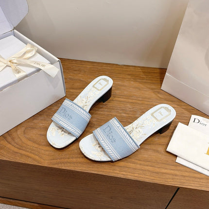 DIOR 26S BLOCK HEEL SLIDE SANDALS IN LIGHT BLUE CANVAS