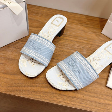 DIOR 26S BLOCK HEEL SLIDE SANDALS IN LIGHT BLUE CANVAS