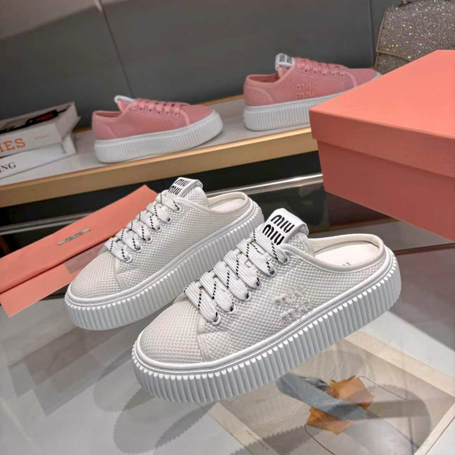 MIUMIU 26S SNEAKER MULES 45MM IN WHITE MESH