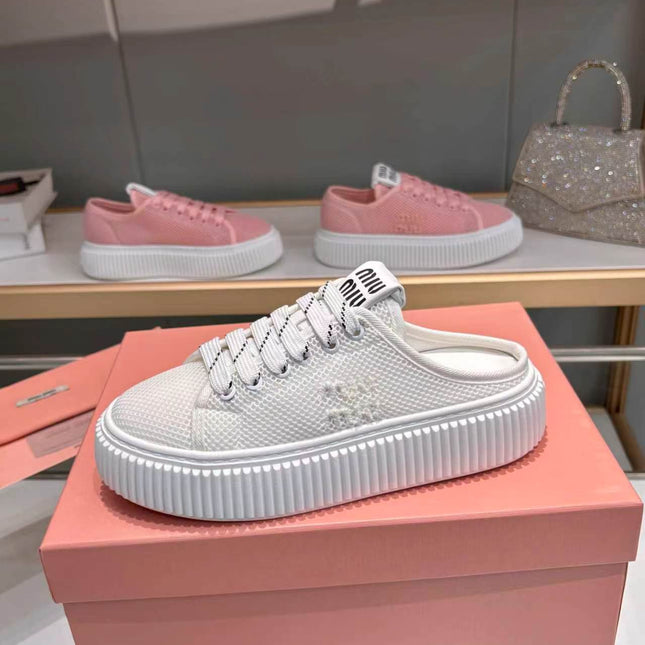 MIUMIU 26S SNEAKER MULES 45MM IN WHITE MESH
