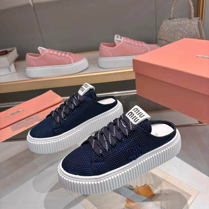 MIUMIU 26S SNEAKER MULES 45MM IN NAVY BLUE MESH