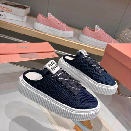 MIUMIU 26S SNEAKER MULES 45MM IN NAVY BLUE MESH