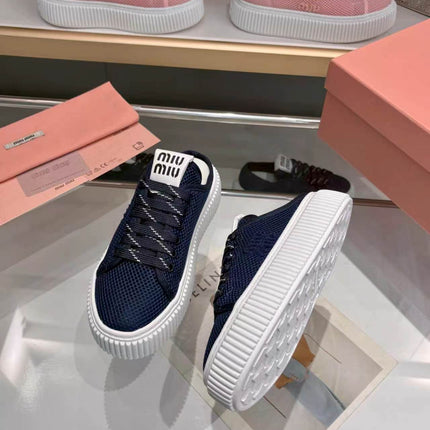 MIUMIU 26S SNEAKER MULES 45MM IN NAVY BLUE MESH