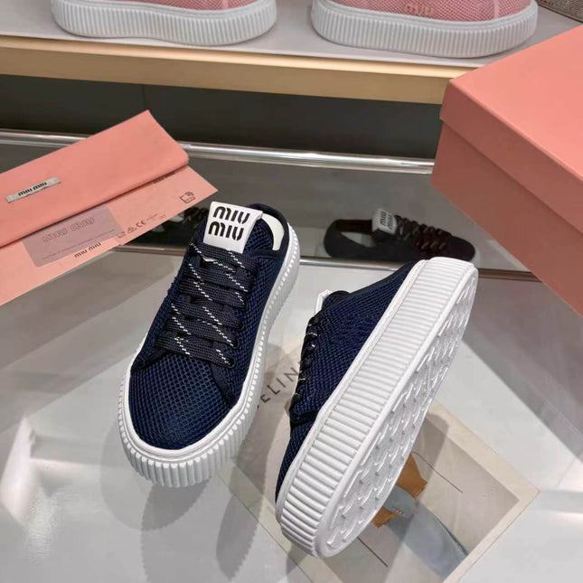 MIUMIU 26S SNEAKER MULES 45MM IN NAVY BLUE MESH