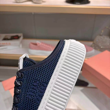 MIUMIU 26S SNEAKER MULES 45MM IN NAVY BLUE MESH