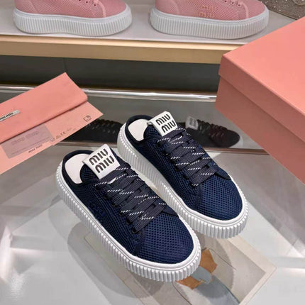 MIUMIU 26S SNEAKER MULES 45MM IN NAVY BLUE MESH