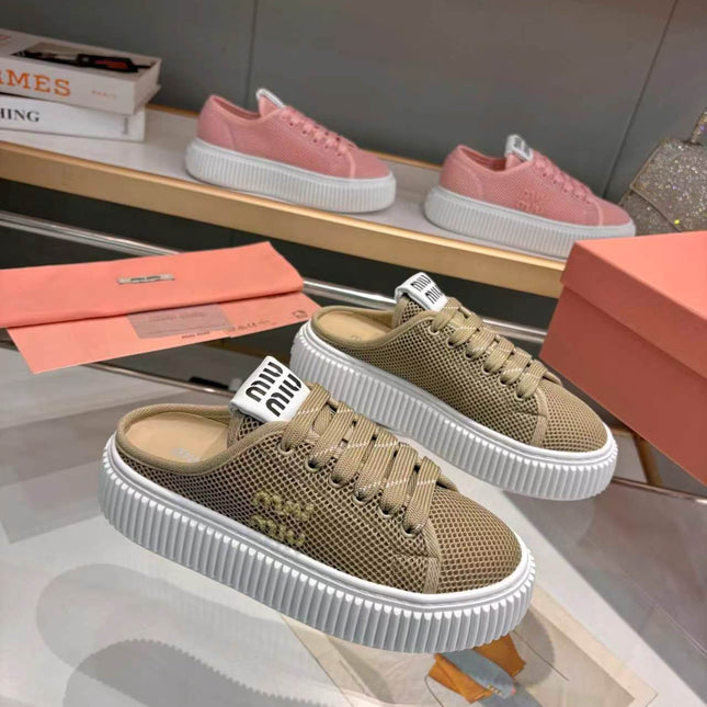 MIUMIU 26S SNEAKER MULES 45MM IN OLIVE GREEN MESH