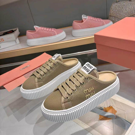MIUMIU 26S SNEAKER MULES 45MM IN OLIVE GREEN MESH