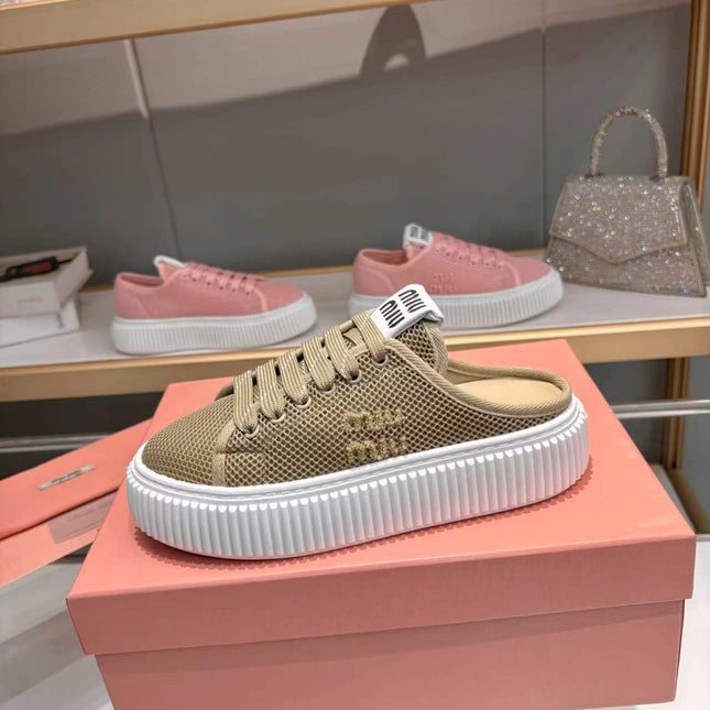 MIUMIU 26S SNEAKER MULES 45MM IN OLIVE GREEN MESH