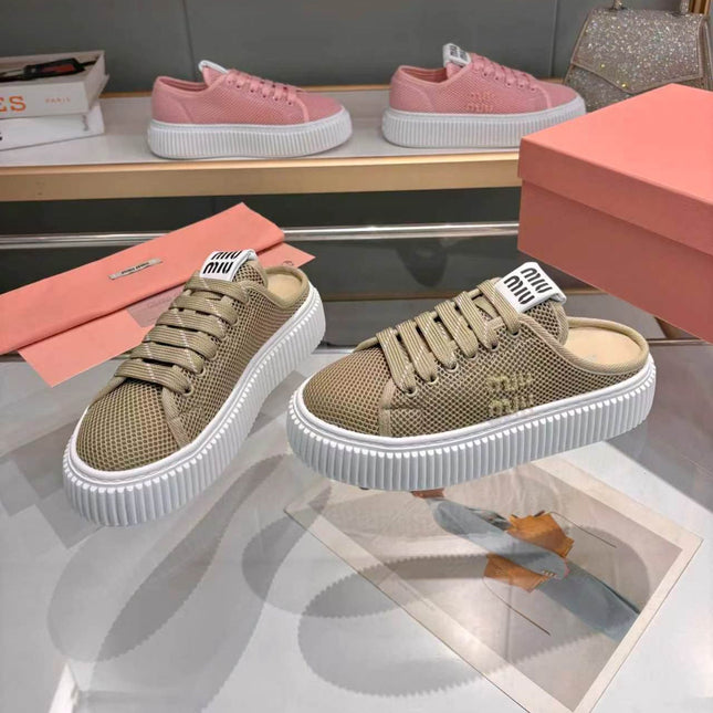 MIUMIU 26S SNEAKER MULES 45MM IN OLIVE GREEN MESH